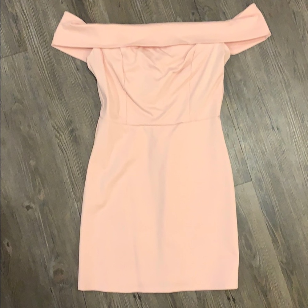 Blush off the shoulder cocktail dress